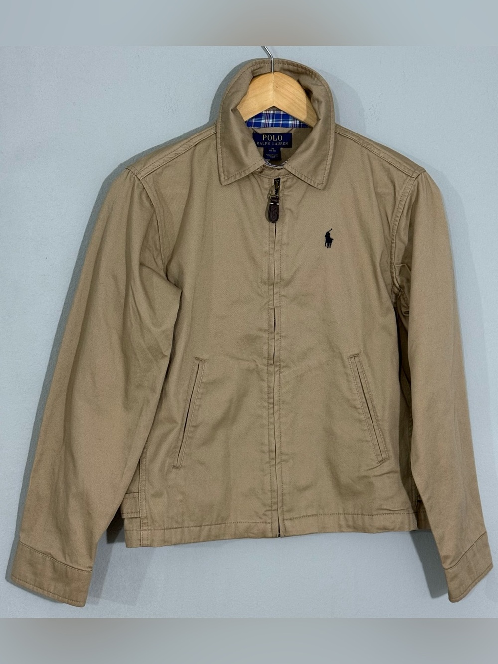 Polo Ralph Lauren Boys Khaki Harrington Jacket M 10-12 Plaid Trim Pony